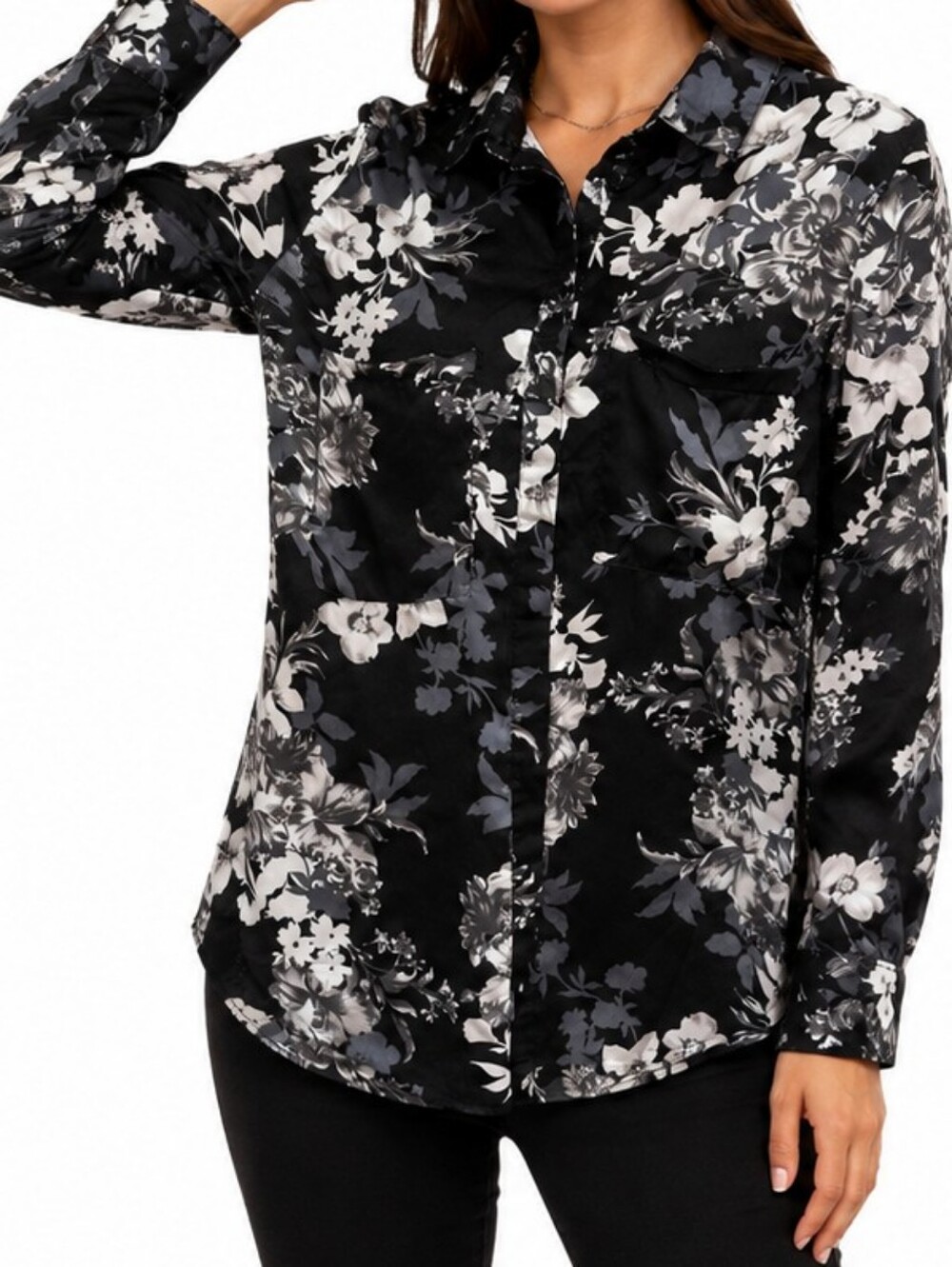 Missguided Black Floral-Print Button Down Shirt